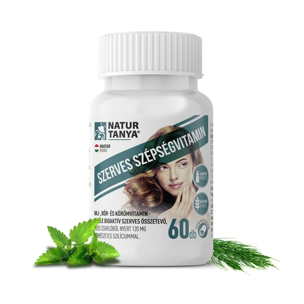 Natur Tanya® Szerves szépségvitamin 19 féle bioaktív összetevő a haj, a bőr és körmök egészségére, mezei zsurlóból nyert 120 mg természetes szilíciummal, biotinnal vegán kapszulatokban